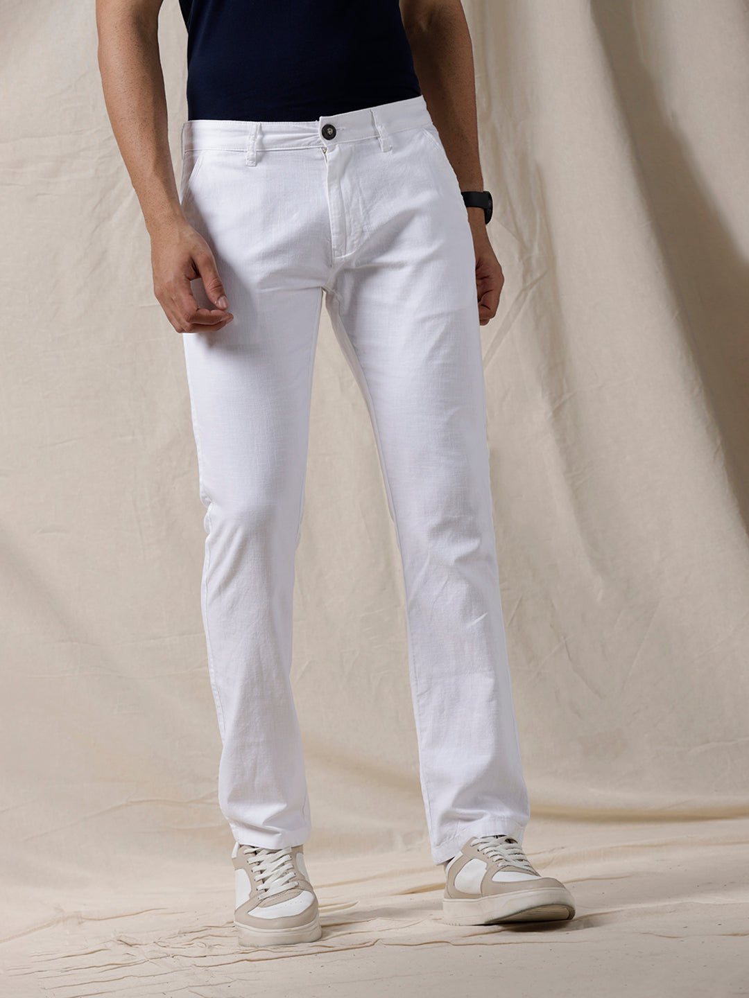 White Solid Casual Chinos