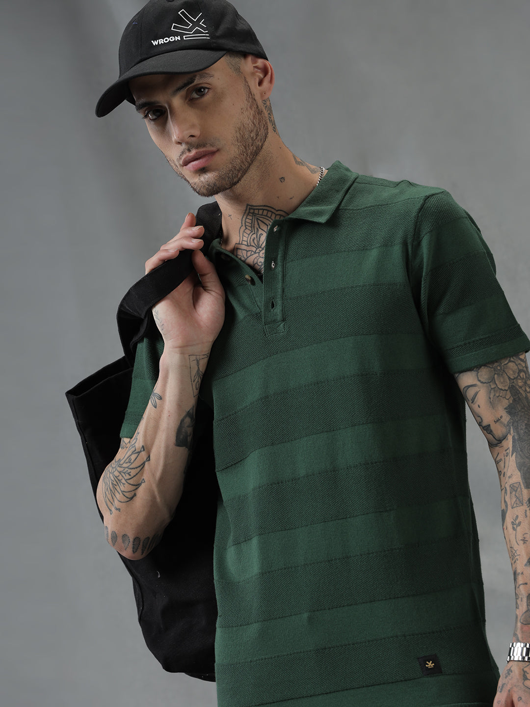 Striped Green Flat Knit Polo T-Shirt