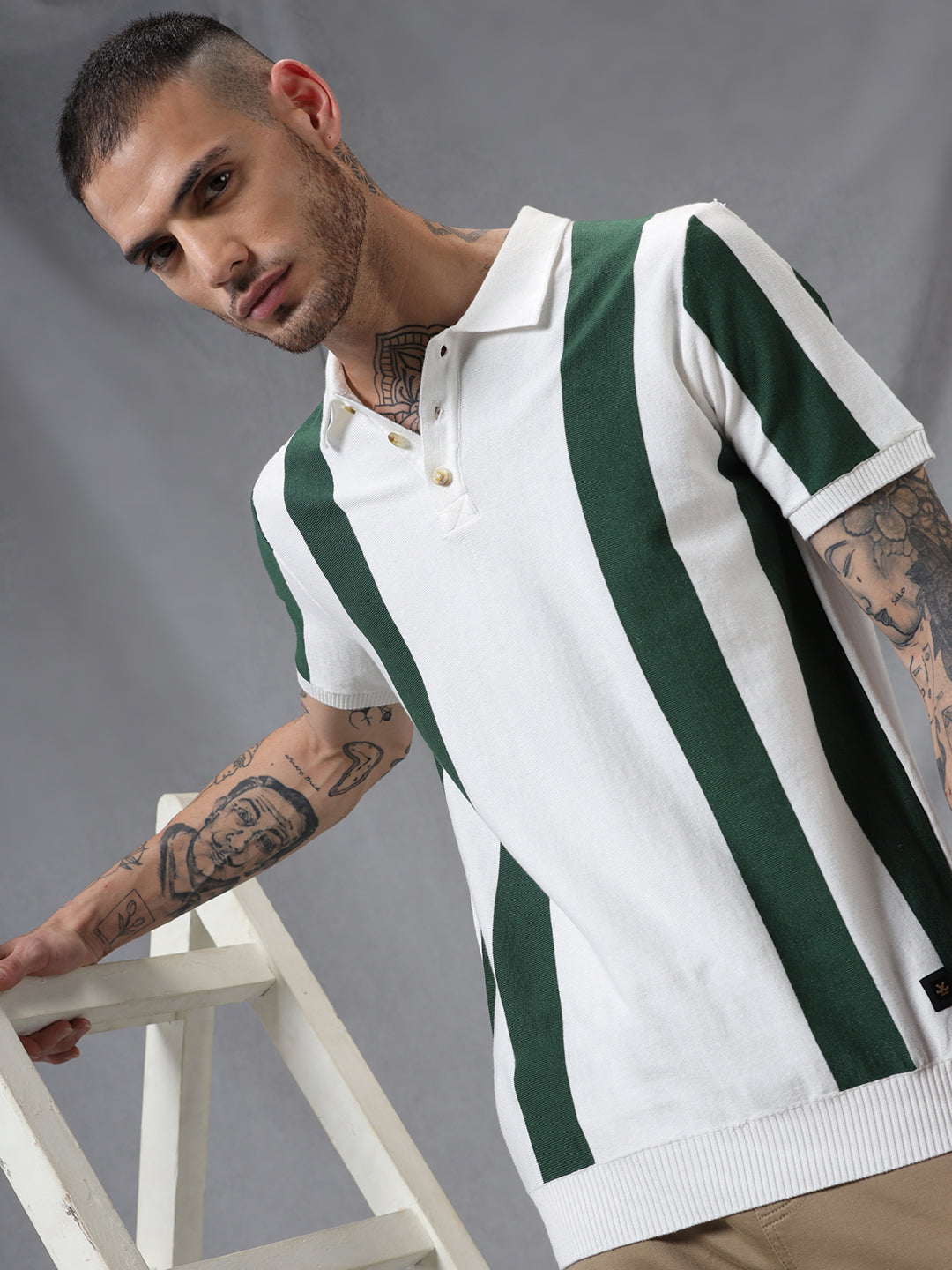 Green Stripes Flat Knit Polo T-Shirt
