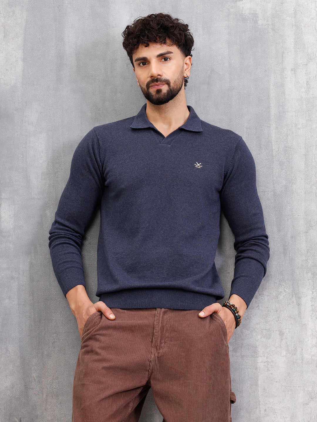 Premium Flat Knit Johnny Collar Polo T-Shirt Navy Blue – Wrogn