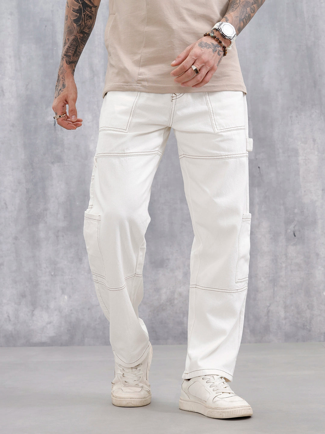 Men's Casual Loose Fit Carpenter Jeans | White – Wrogn
