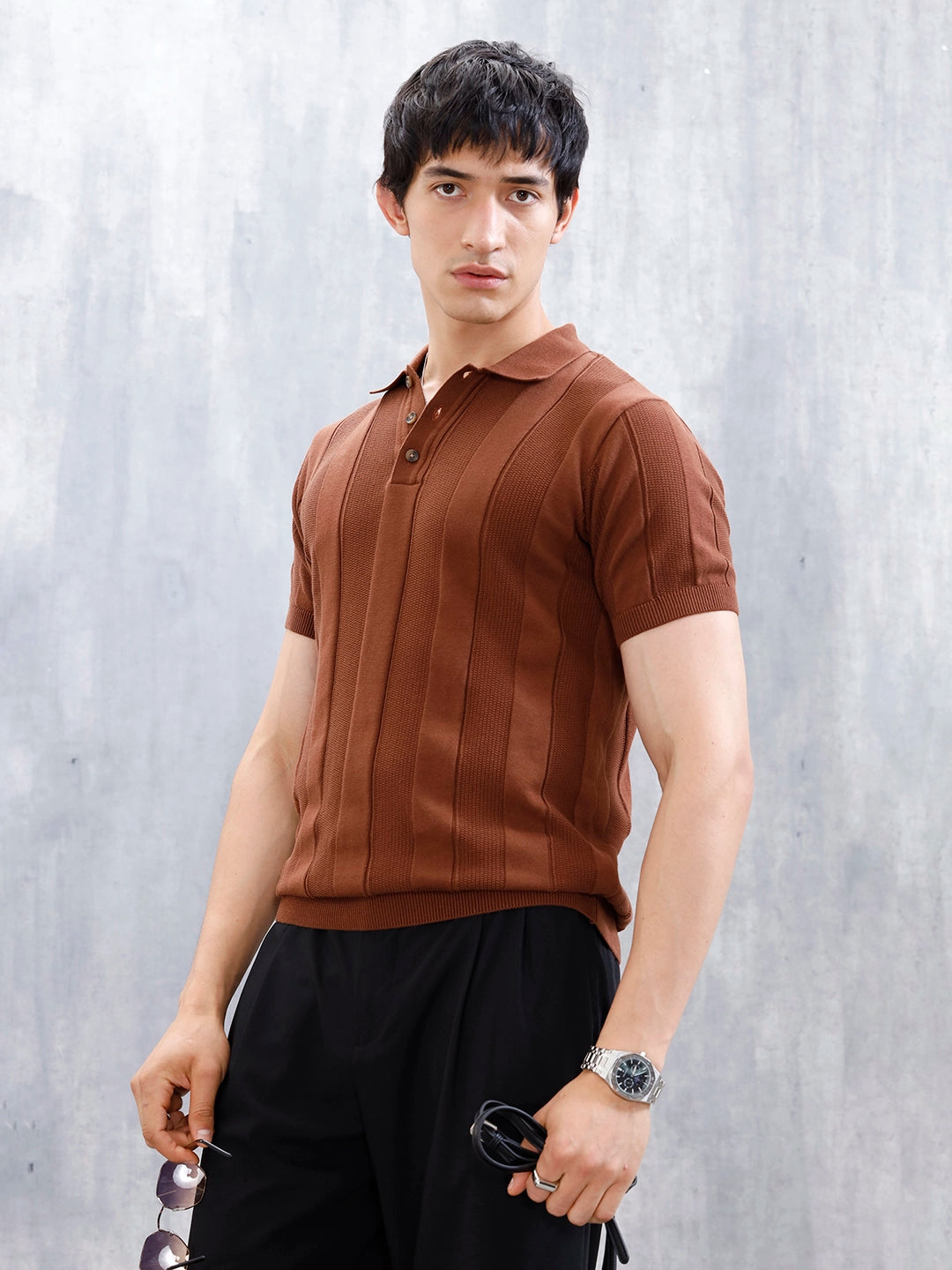 Classic Flat Knit Textured Polo T-Shirt For Men | Brown Wrogn Classic Flat Knit Textured Polo T-Shirt For Men | Brown Wrogn