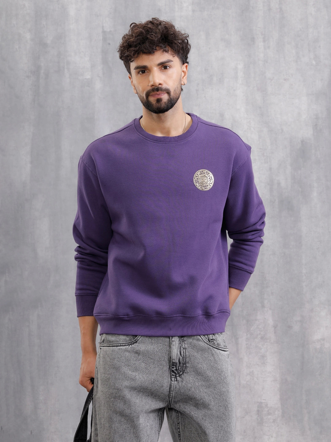 Metalic Foil Printed Sweatshirt Purple
