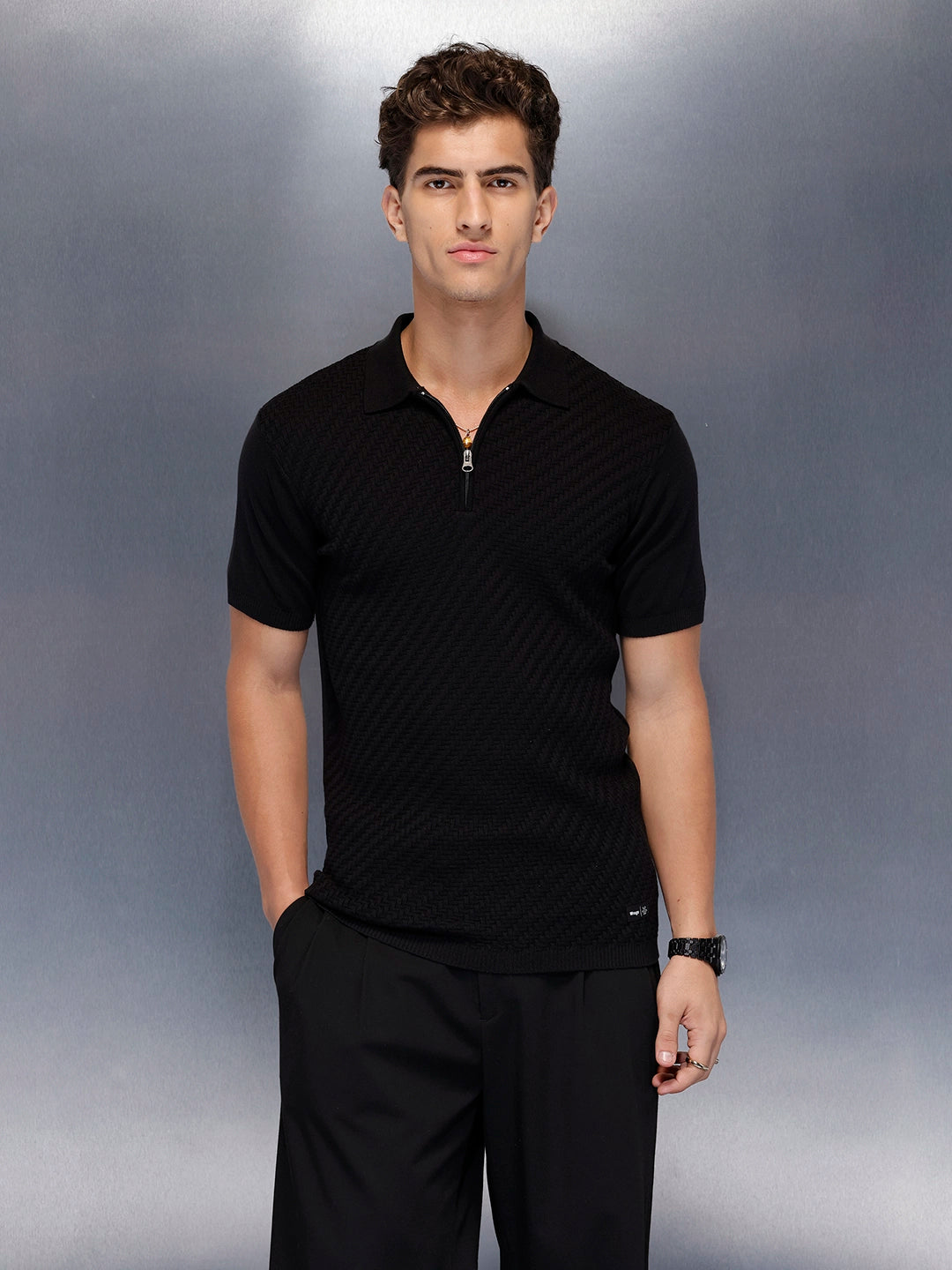 Men's textured zip polo tshirt | Black – Wrogn