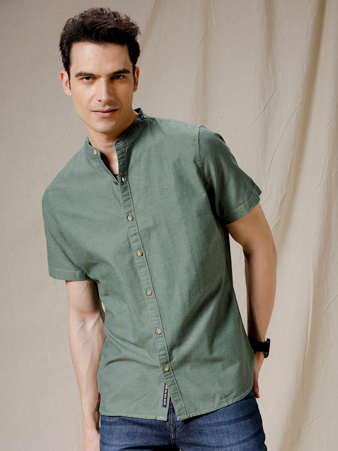 Mandarin Collar Bold Green Shirt