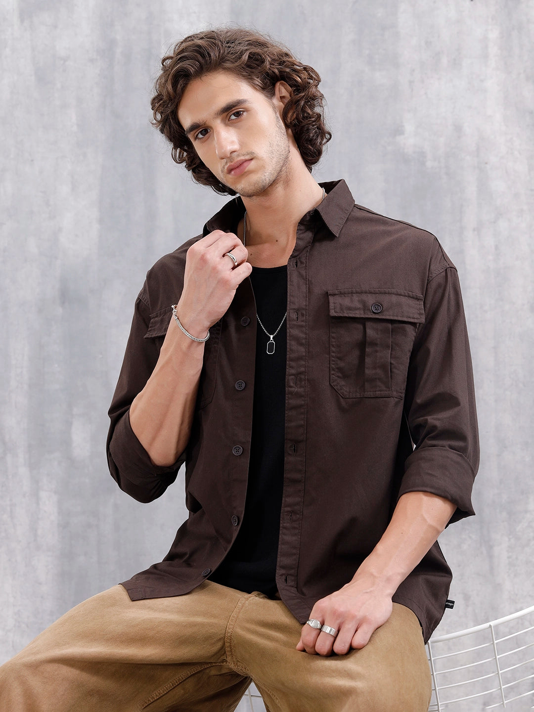 Casual Comfort Fit Shirt With Double Pockets Brown – Wrogn
