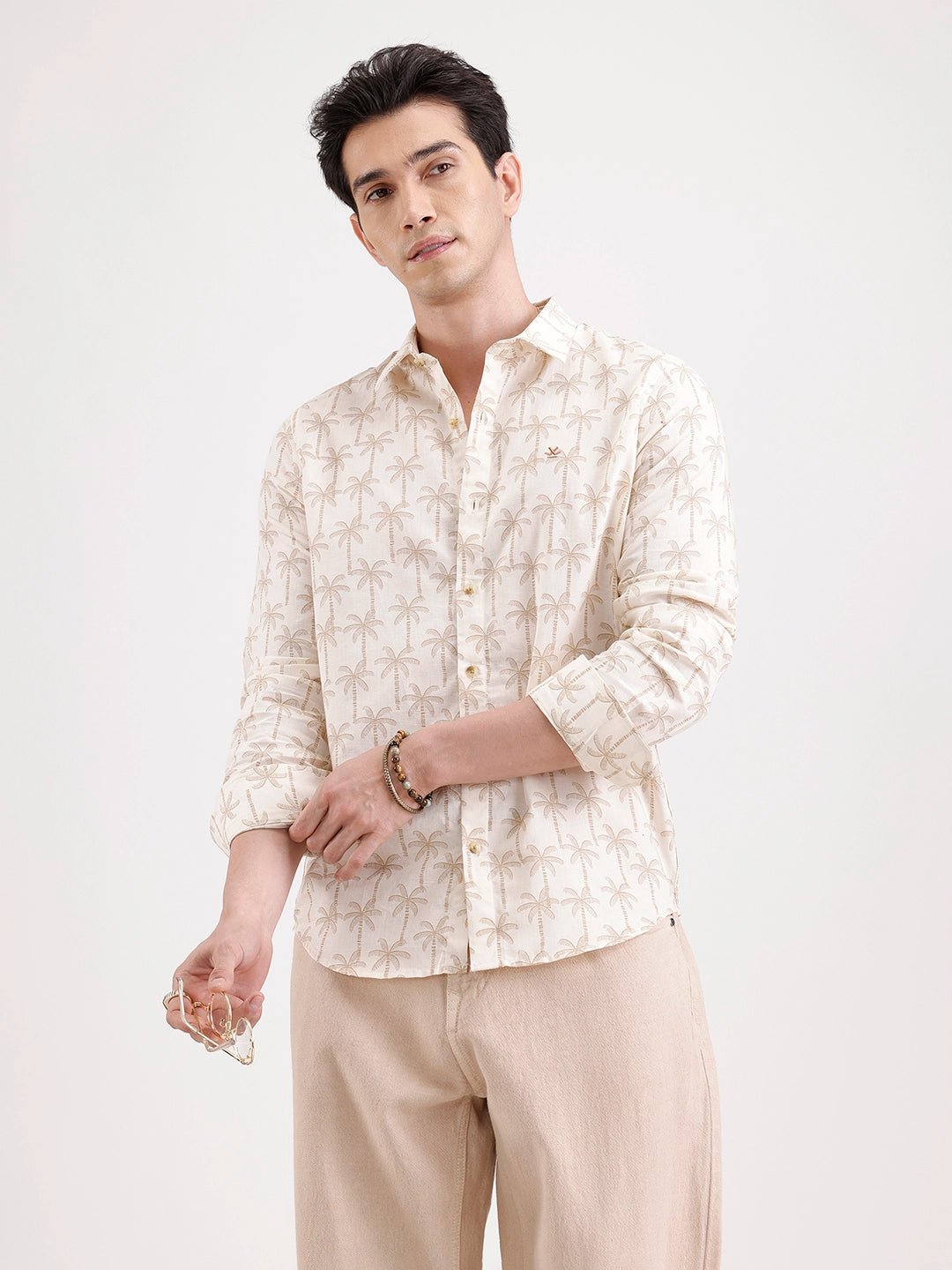 Slim Fit AOP Linen Blend Shirt | Off White  Wrogn