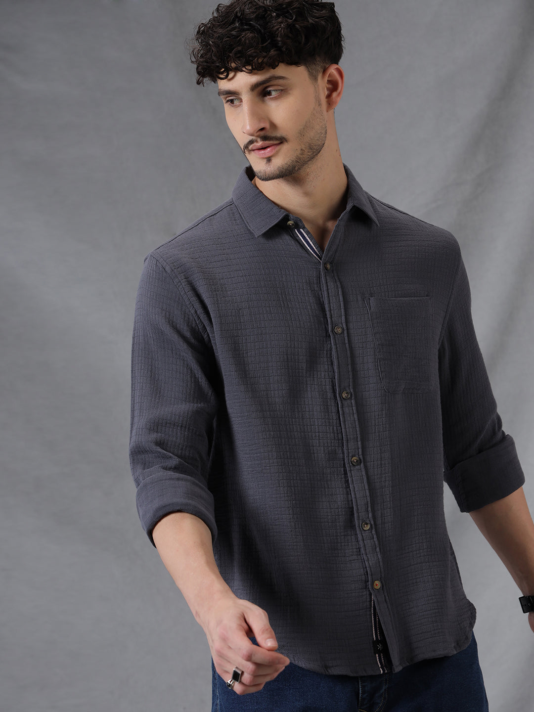 Charcoal Weave Pattern Full Sleeve Shirt