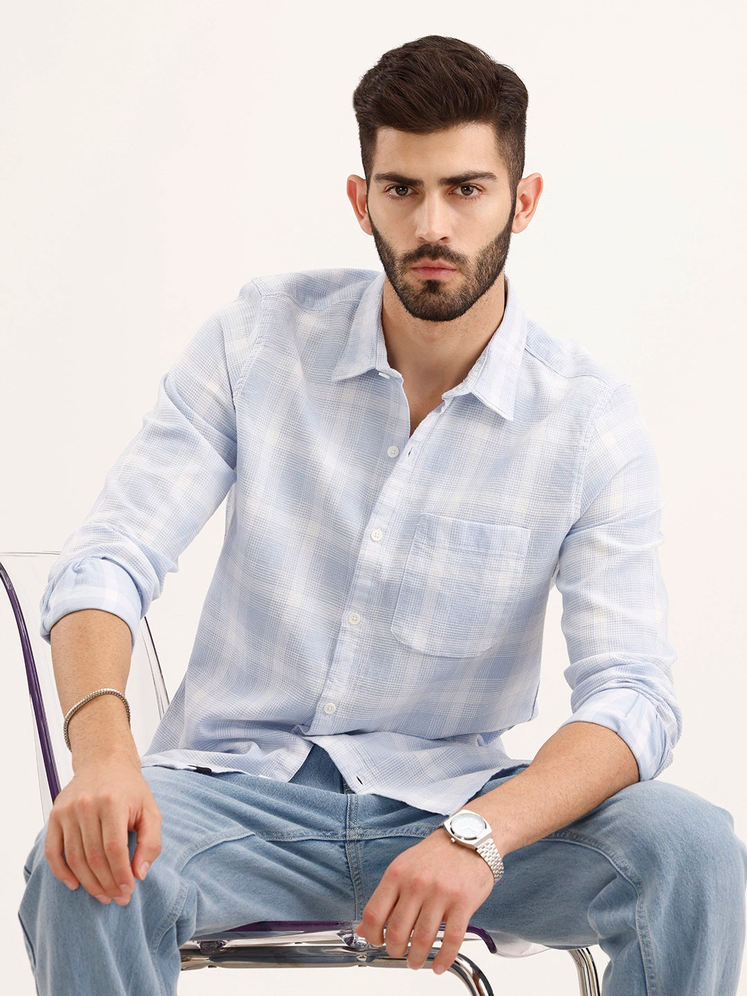 Textured Regular Fit Checkered Shirt Blue - Image 1