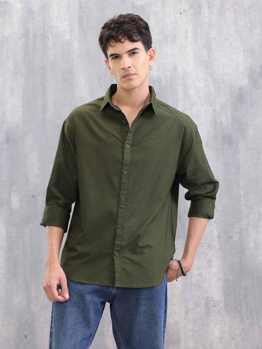 Solid Regular Fit Cotton Shirt | Olive Wrogn Solid Regular Fit Cotton Shirt | Olive Wrogn