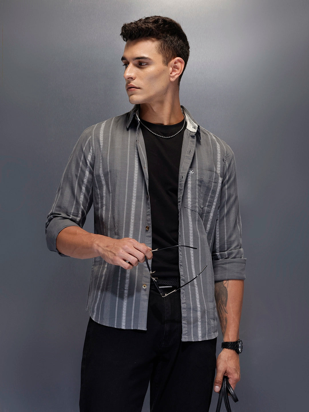 Men's textured vertical striped casual shirt | Dark Grey Wrogn Men's textured vertical striped casual shirt | Dark Grey Wrogn