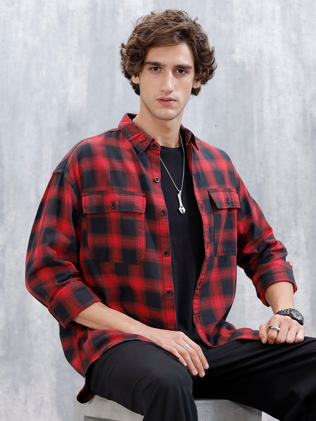 Wrogn Men's Drop-Shoulder Checked Oversized Casual Shirt