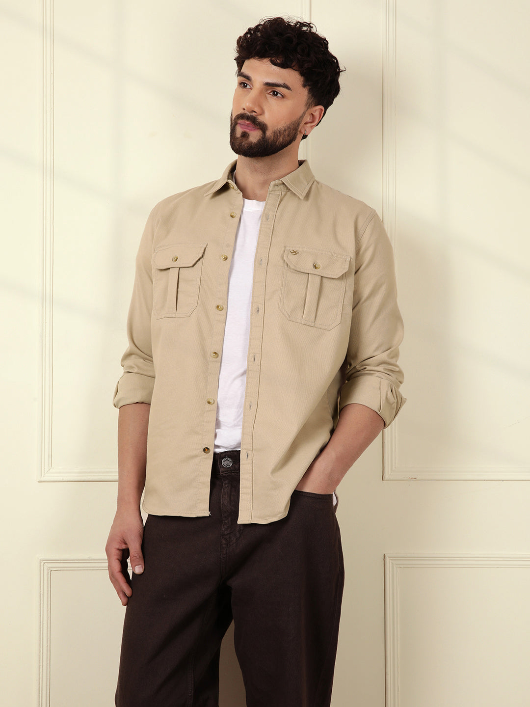 Fine Corduroy Slim Fit Shirt Beige - Main Image