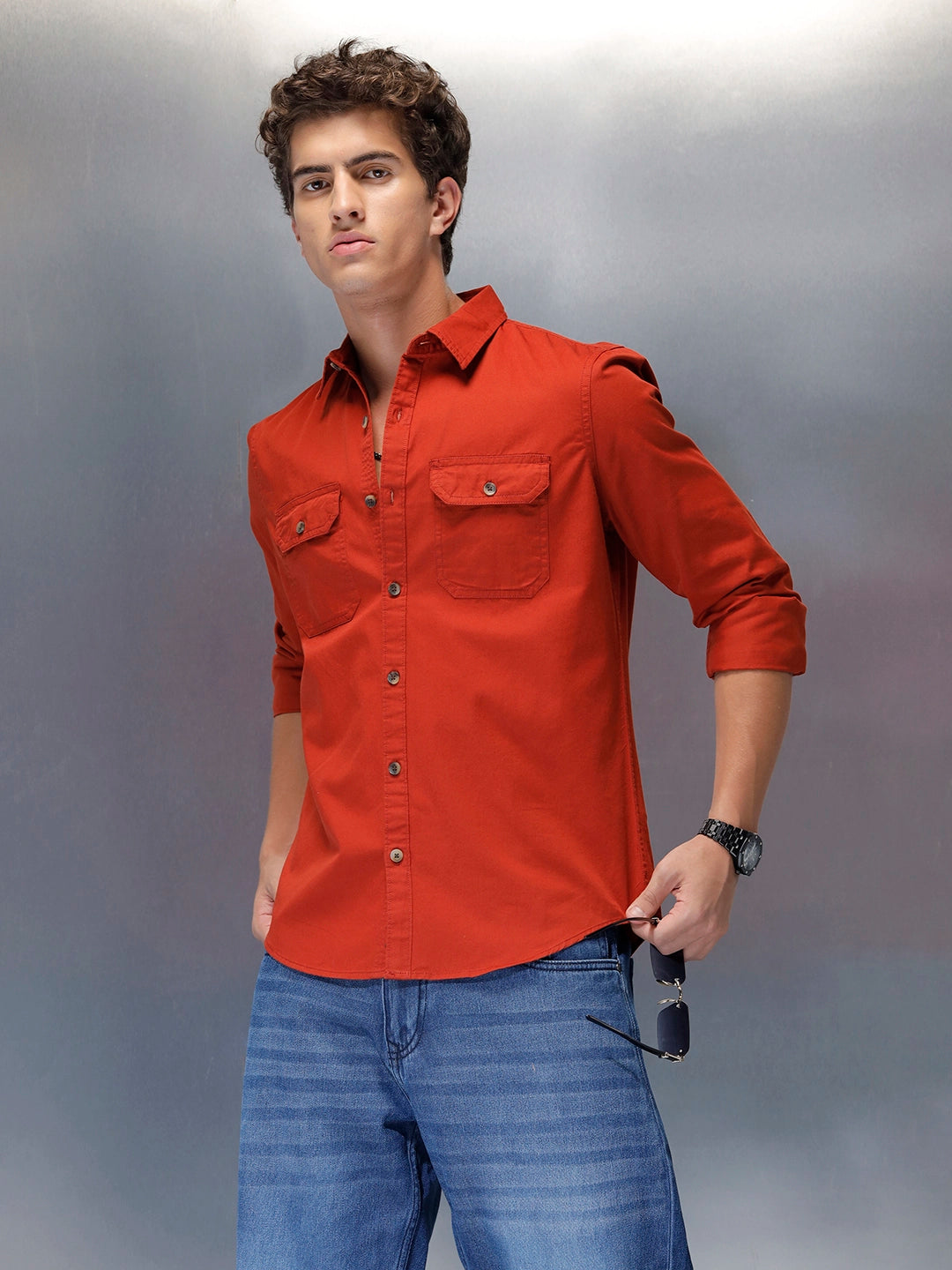 men's casual slim fit double pocket shirt