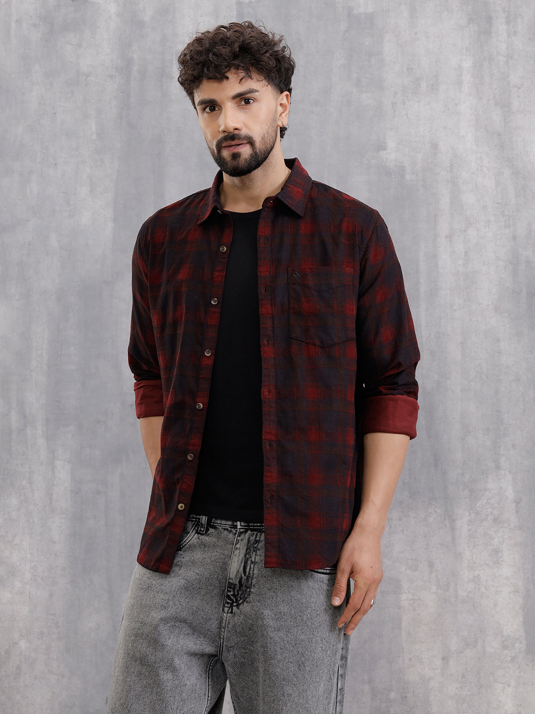 maroon checkered dress shirt Comfort Stretch Non-Iron Check Dress Shirt - Burgundy