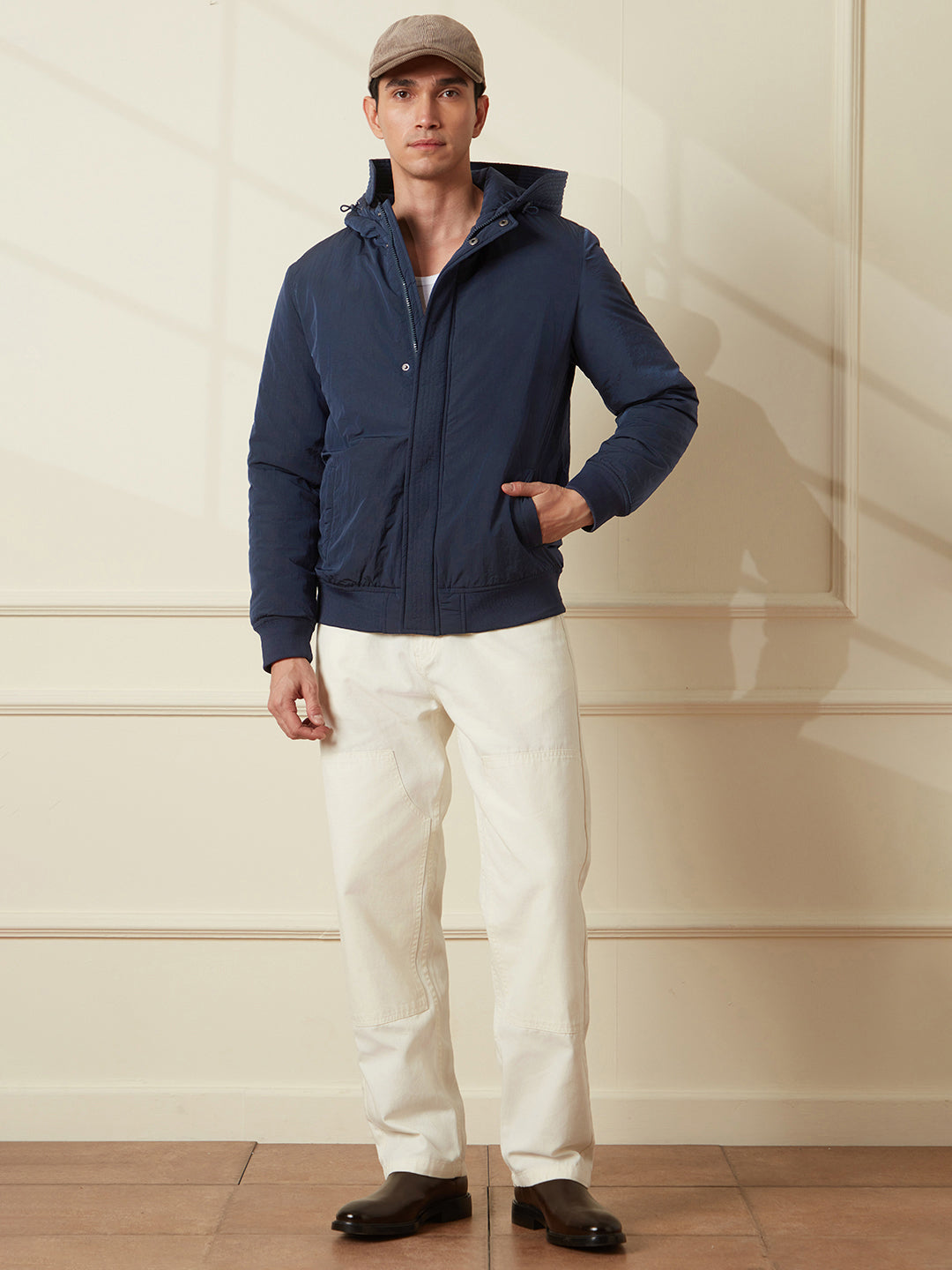 Crushed Metallic Hooded Jacket Navy Blue – Wrogn - Main Image