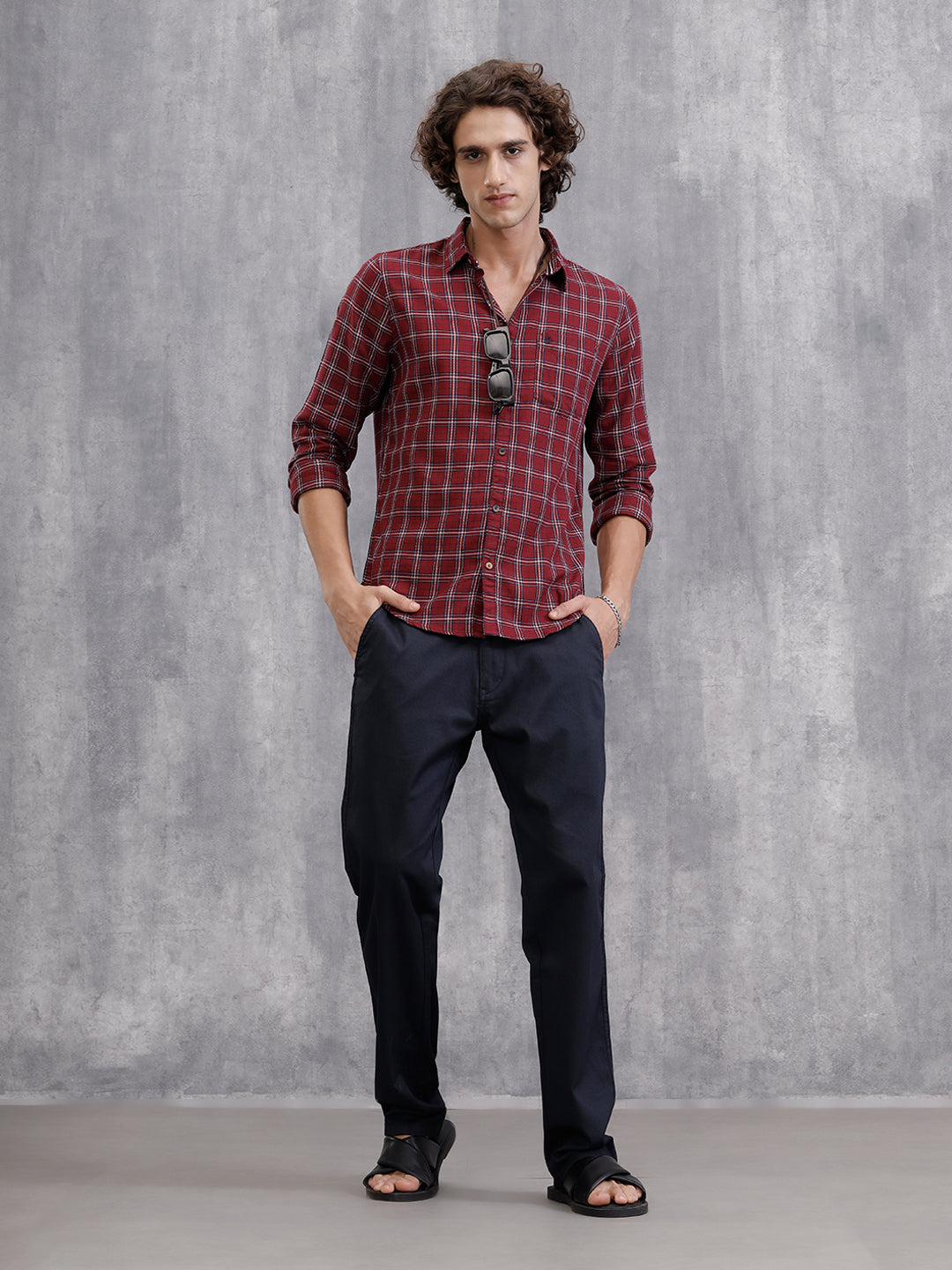 Textured Cotton Dobby Check Shirt | Red – Wrogn