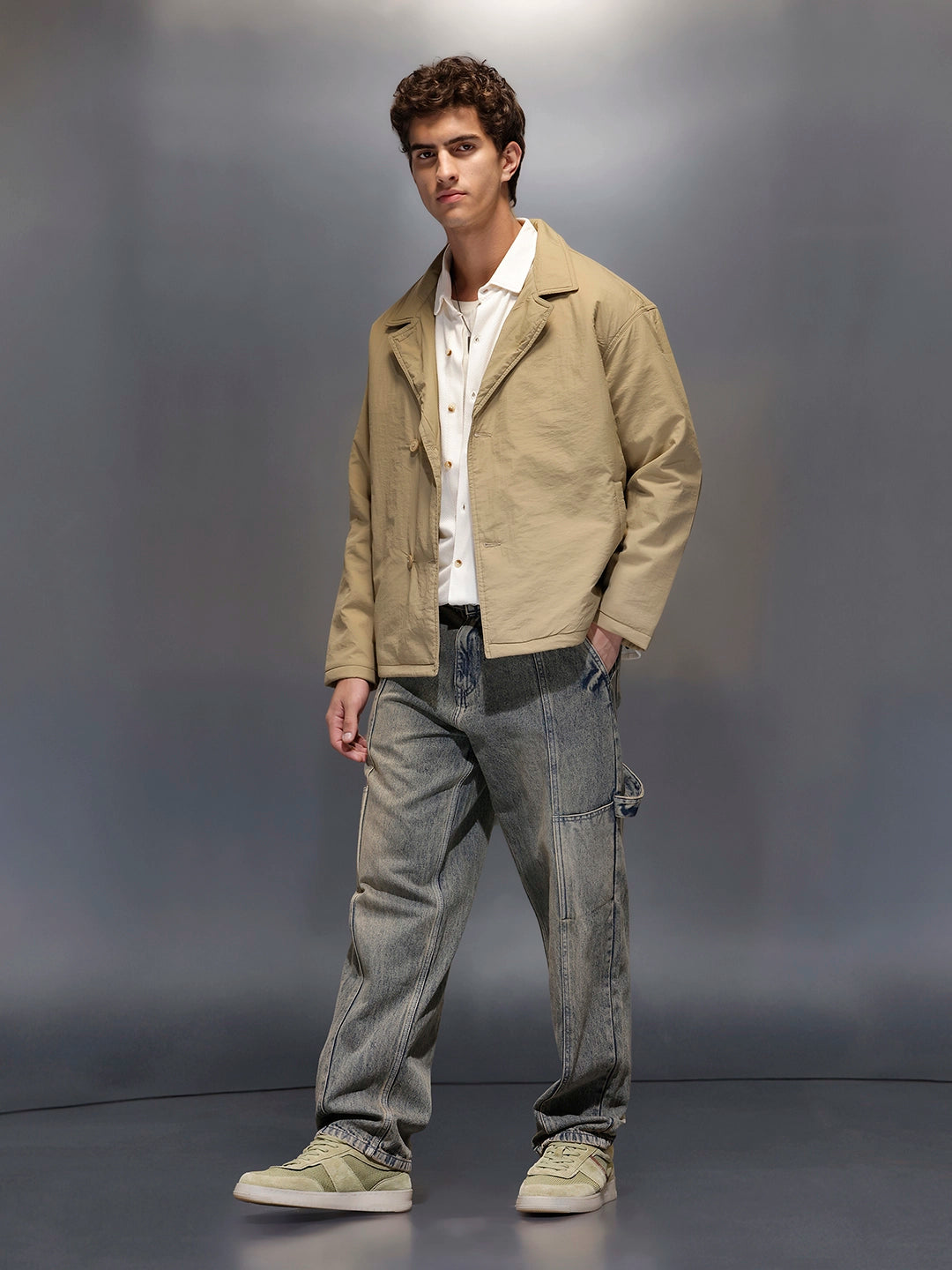 Wrogn Men Mens Oversized Blazer Style Nylon Jacket | Khaki - Khaki / M