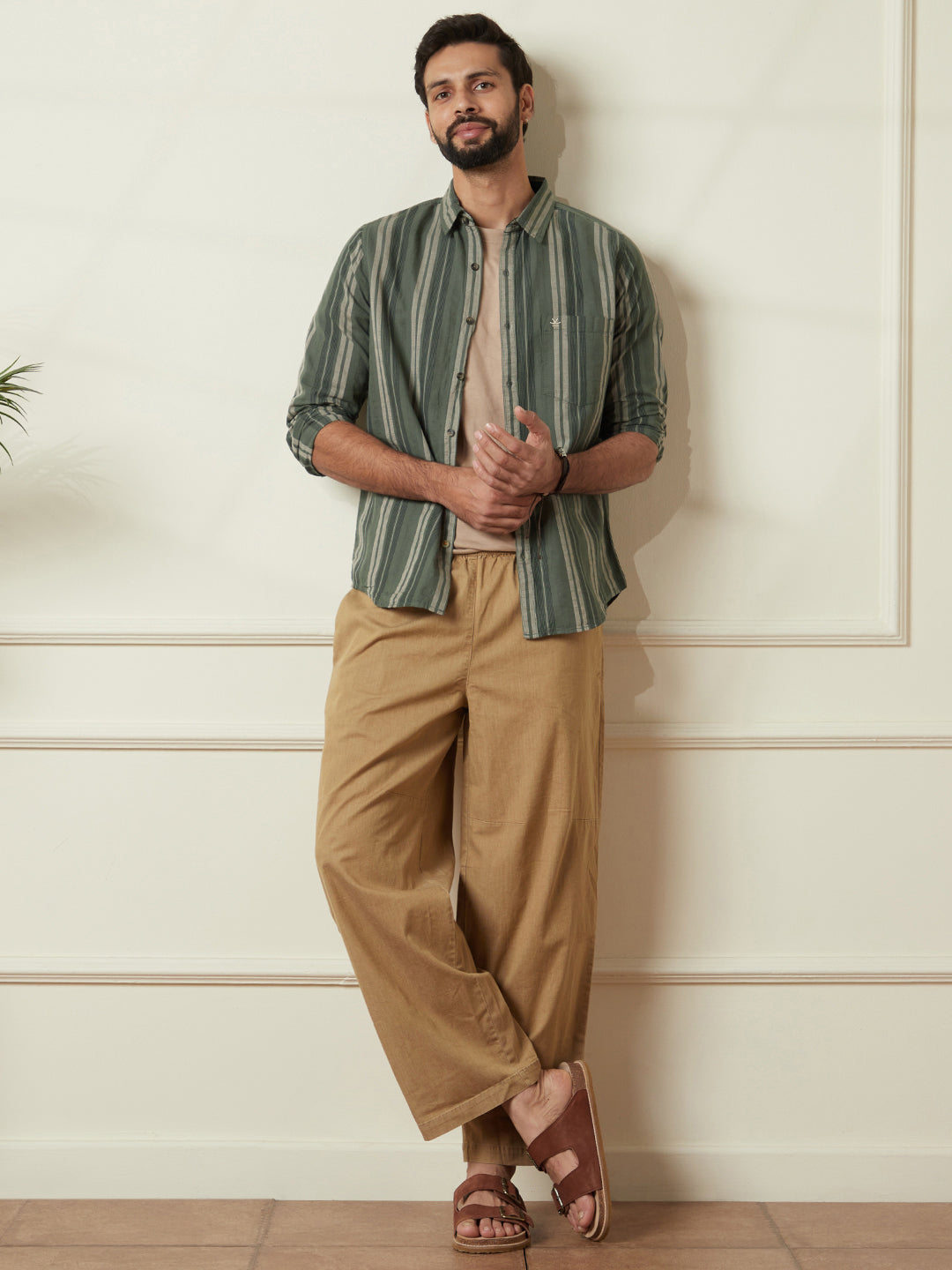 Striped Slim Fit Dobby Shirt Green - Main Image