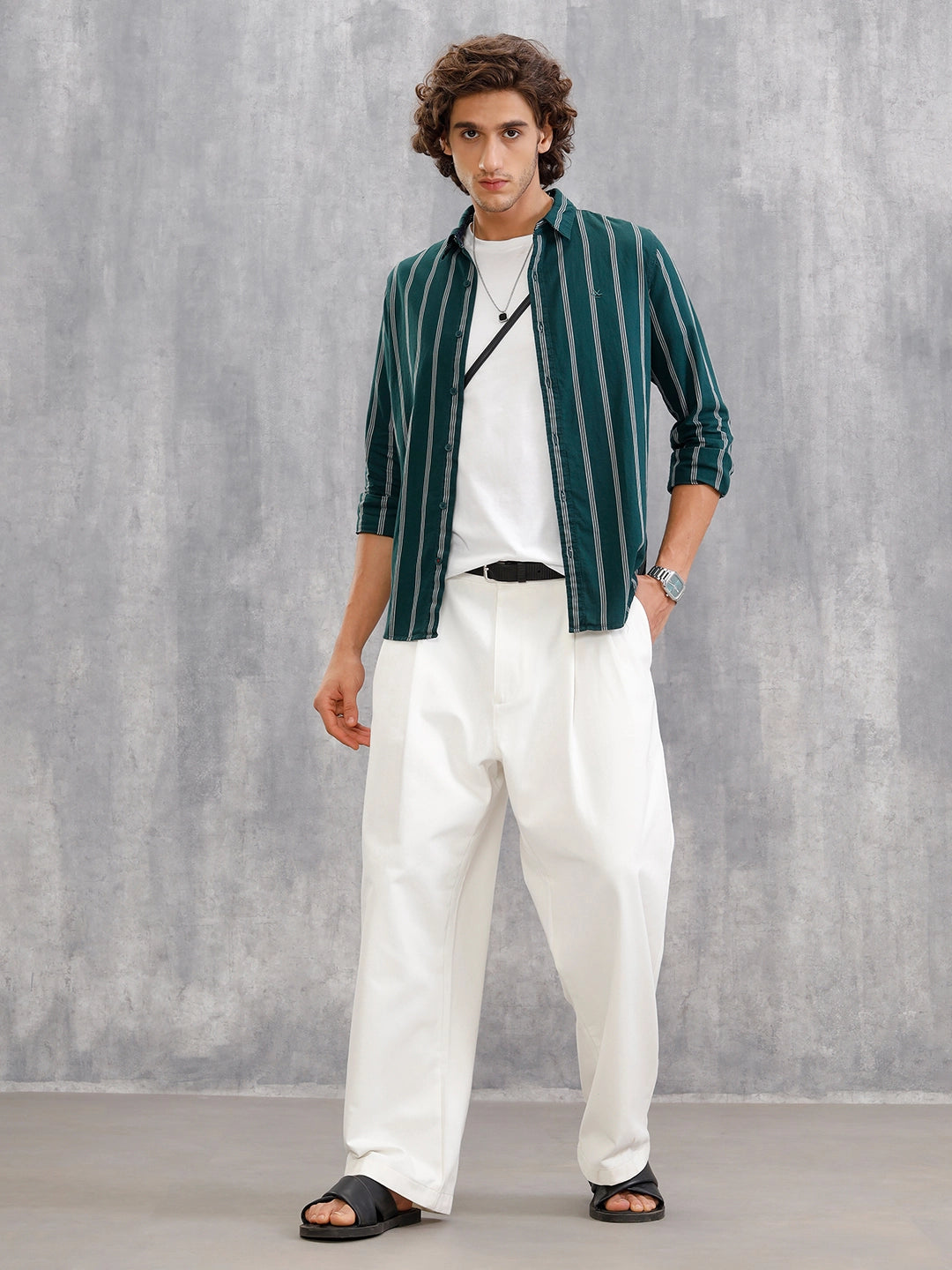 Open Dobby Stripe Shirt In Regular Fit Dark Green – Wrogn - Main Image