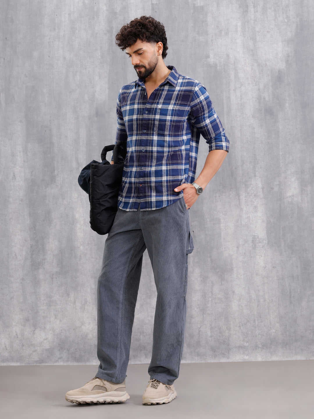 Brushed Flannel Check Shirt In Slim Fit Navy Blue – Wrogn