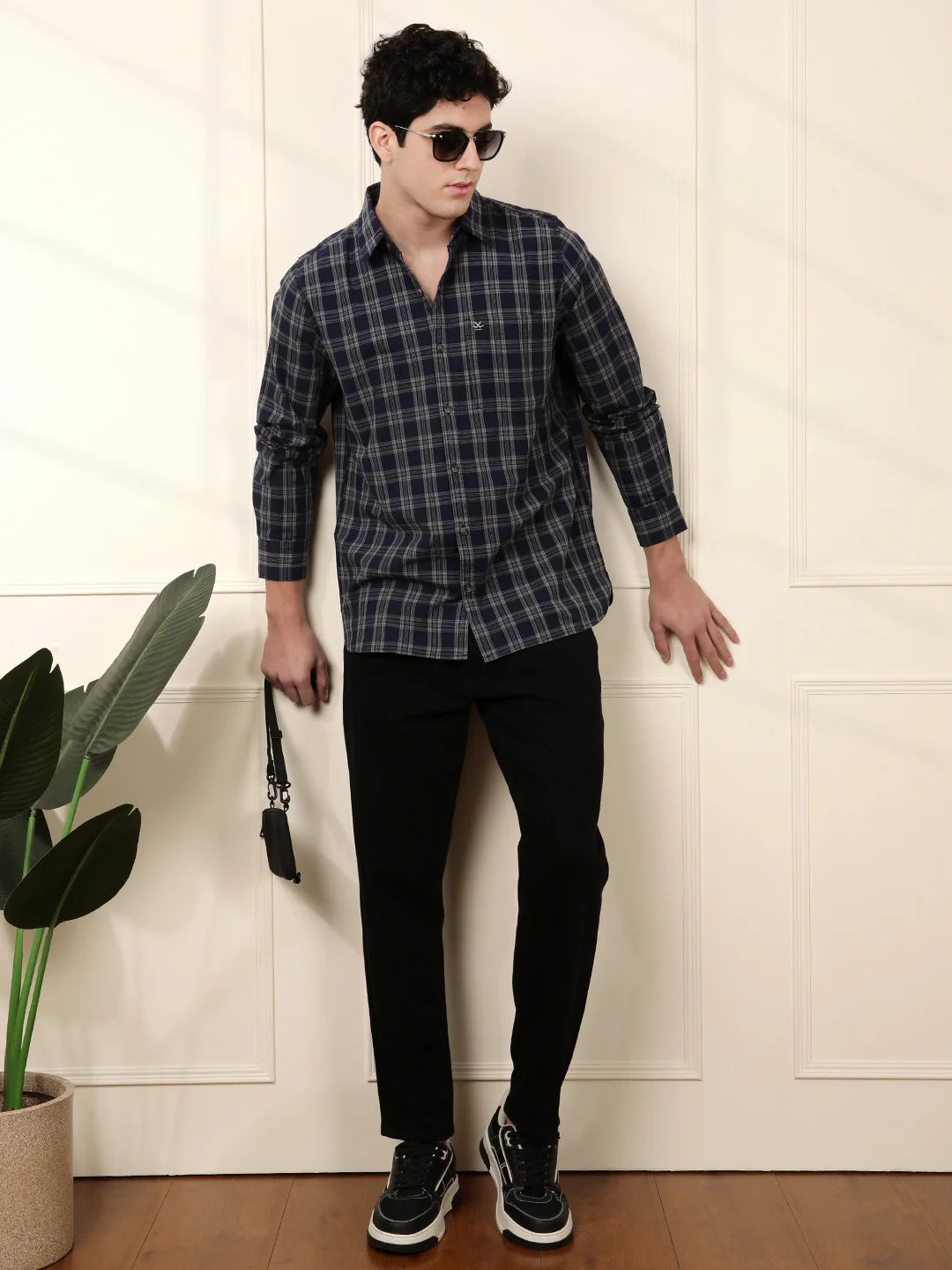 Checkered Full Sleeve Shirt in Navy Blue - Main Image