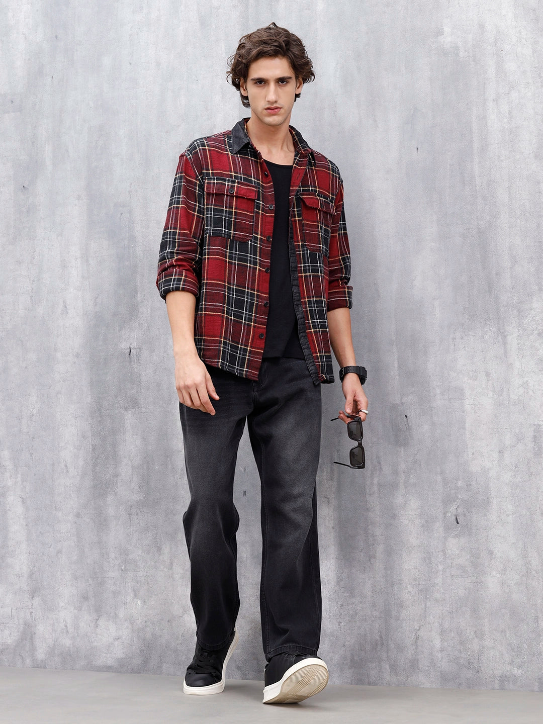 Casual Oversized Fit Checkered Pattern Shirt Red