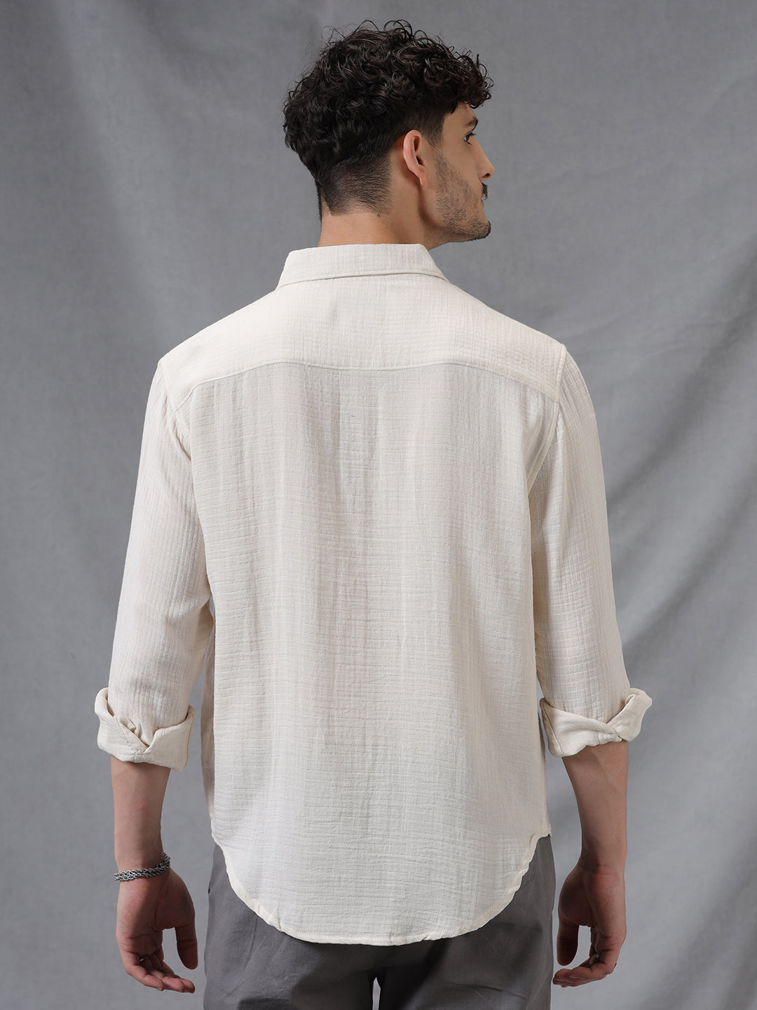Off White Weave Pattern Full Sleeve Shirt