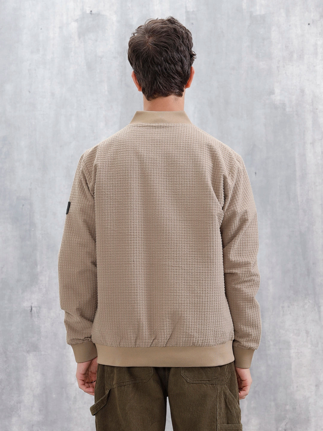 Men's Textured Casual Bomber Jacket Beige – Wrogn