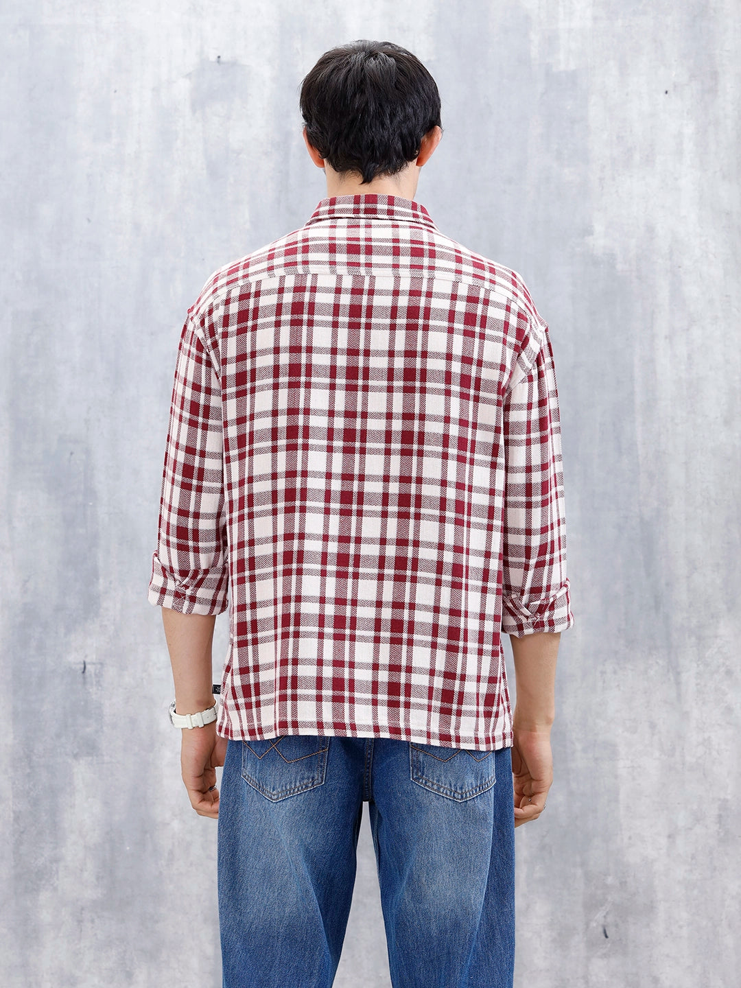 Wrogn Men's Oversized Double Pocket Checks Shirt Red