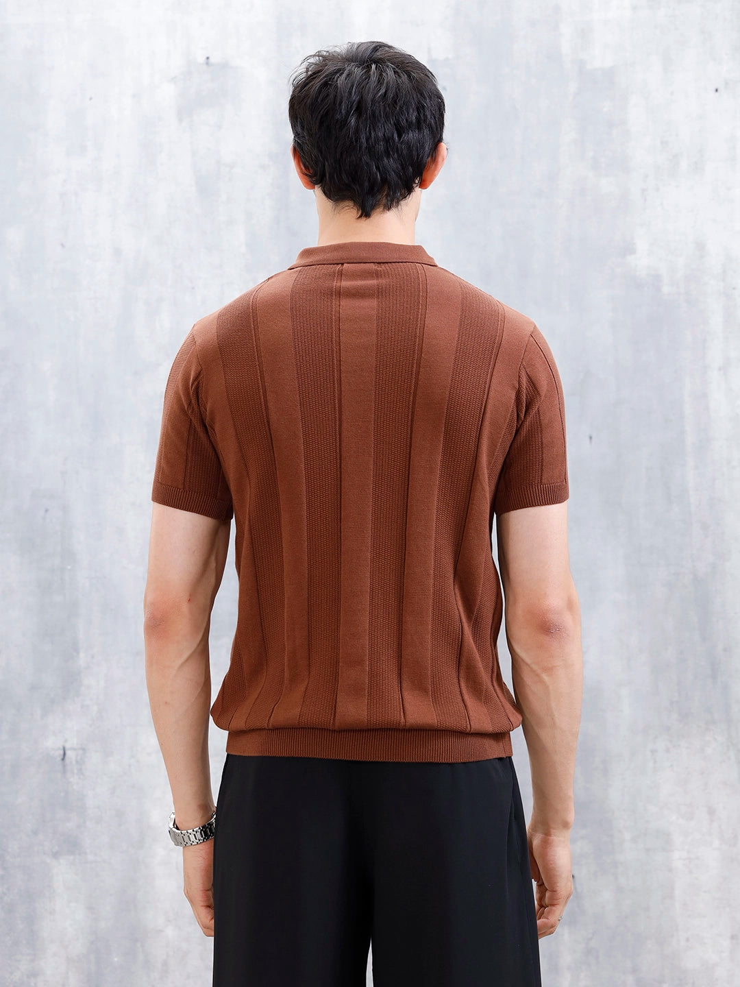 Classic Flat Knit Textured Polo T-Shirt For Men Brown – Wrogn