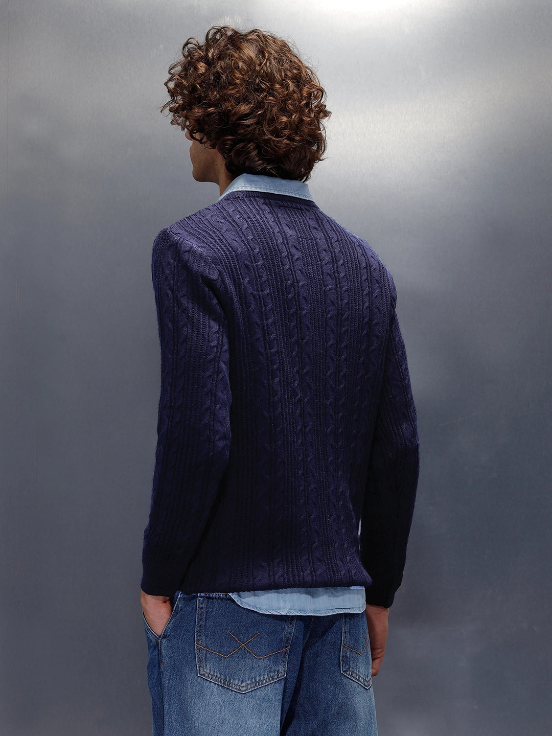 Chunky Cable Knit Slim Fit Crew Neck Sweater Navy Blue