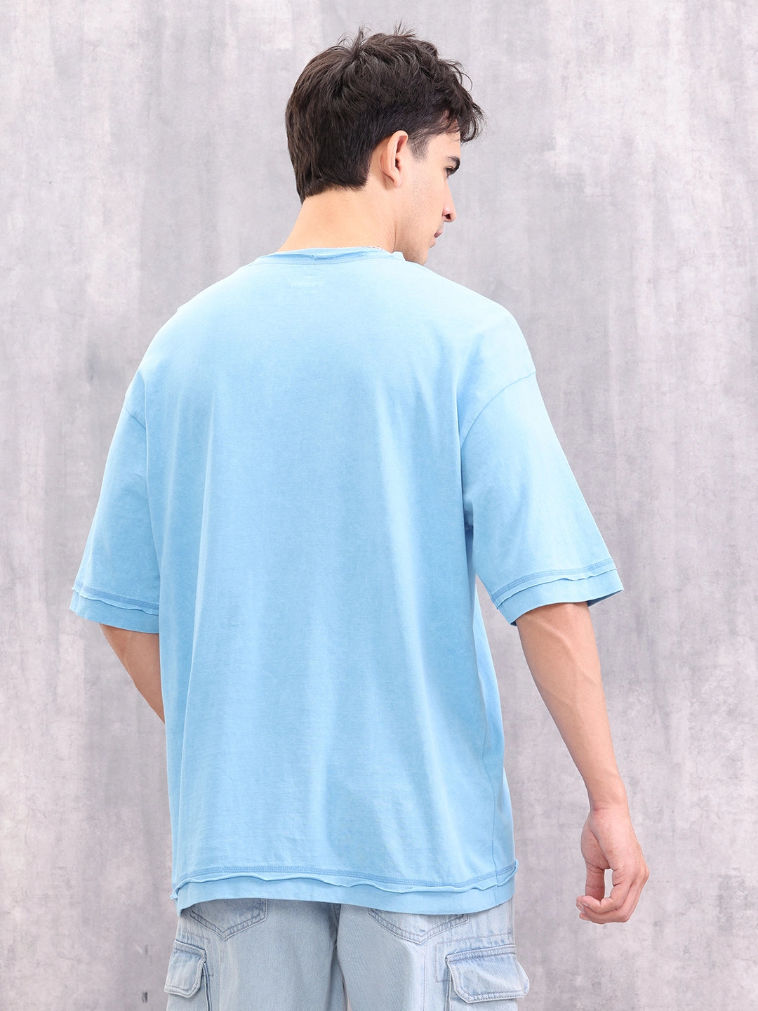 Acid Wash Puff Print Raw Edge Detail T-shirt | Light Blue – Wrogn