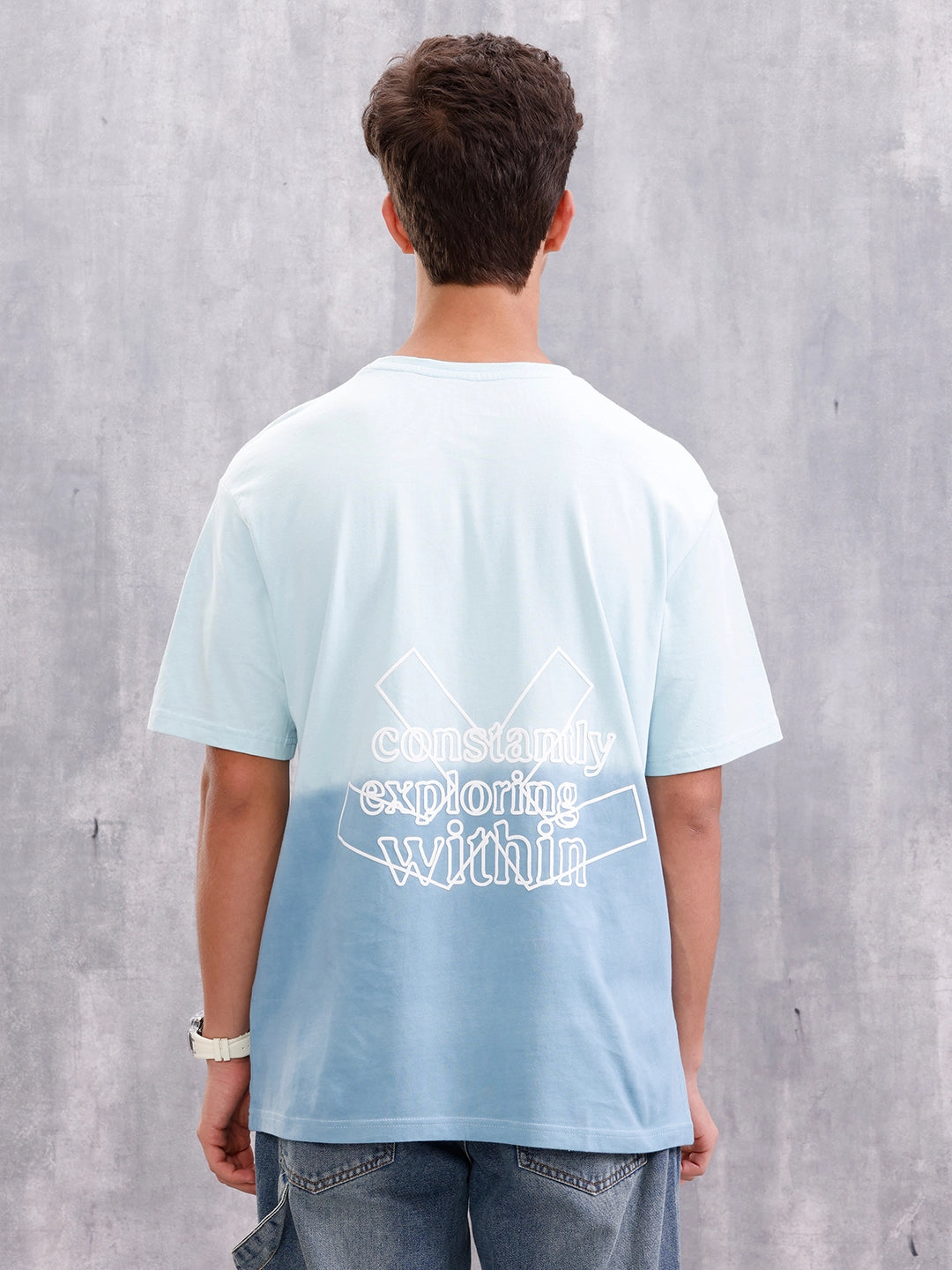 Ombre Dyed Back Graphic Puff Printed Oversized Fit T-Shirt Light Blue