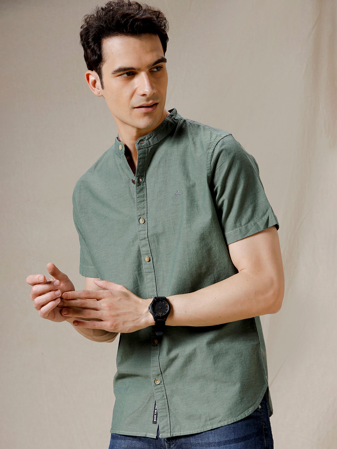 Mandarin Collar Bold Green Shirt
