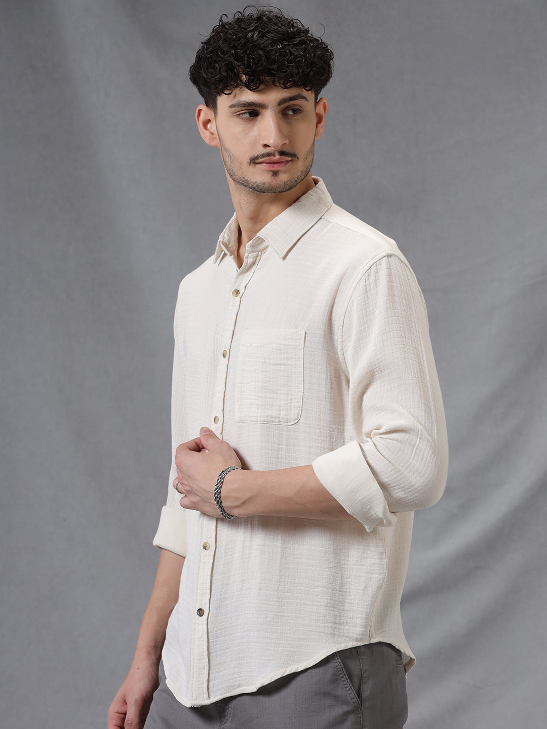 Off White Weave Pattern Full Sleeve Shirt