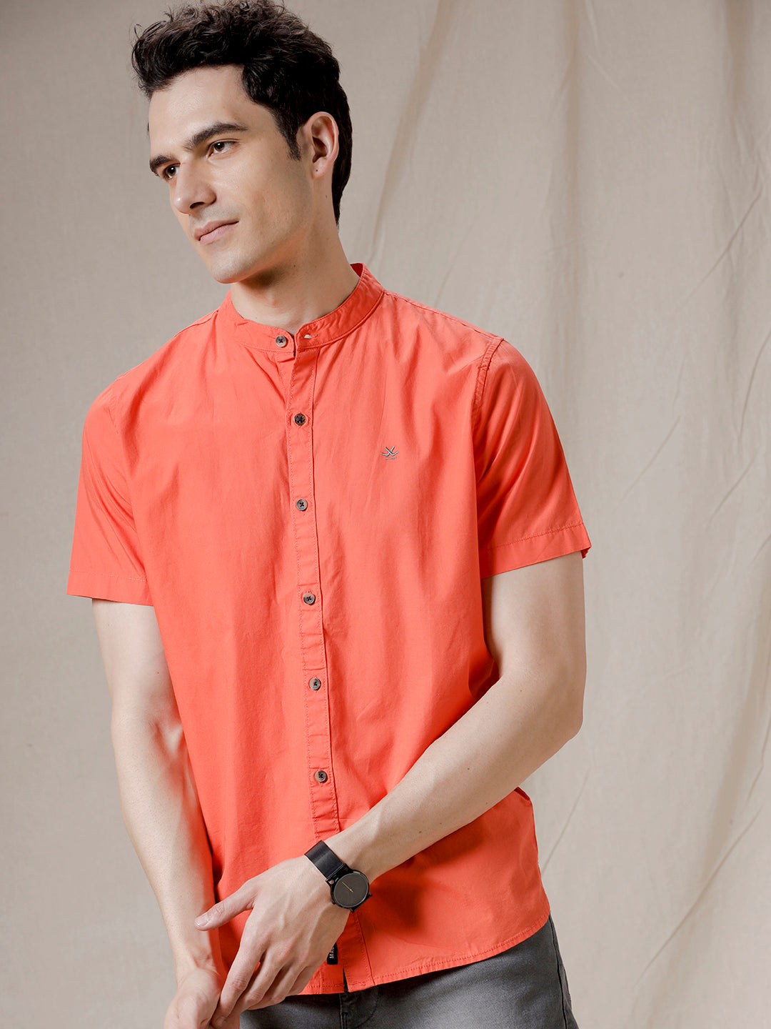 Mandarin Collar Bold Orange Shirt