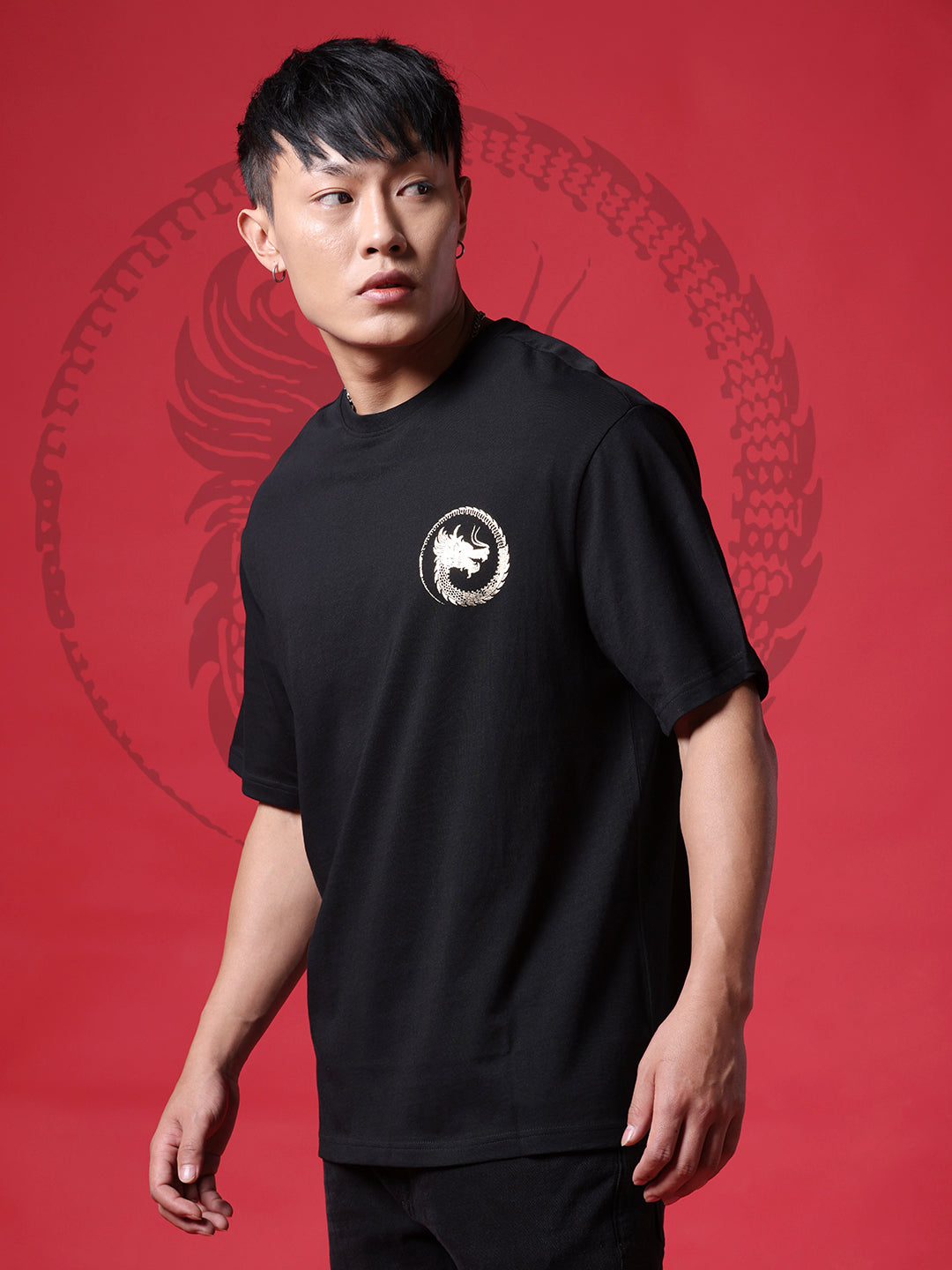 Golden Dragon Printed Black T-Shirt