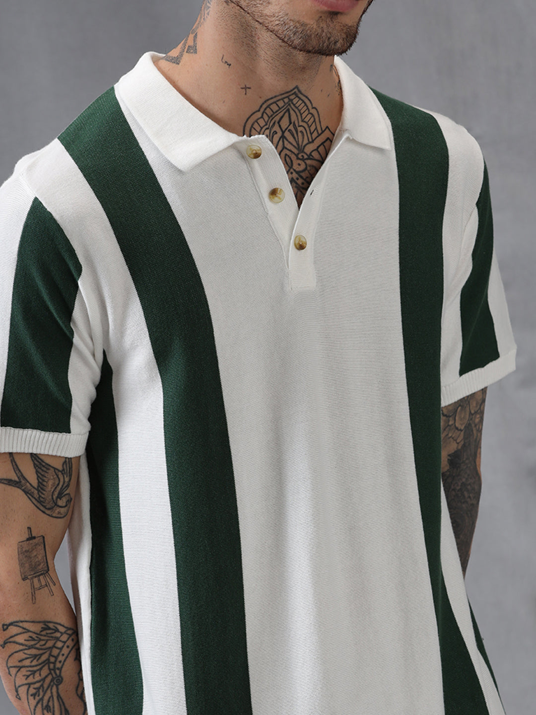 Green Stripes Flat Knit Polo T-Shirt