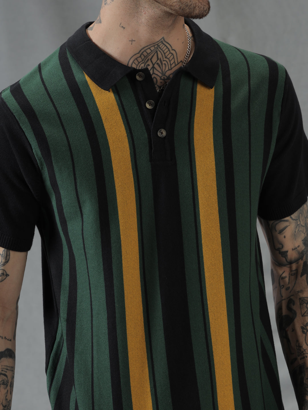 Vintage Stripes Flat Knit Black Polo T-Shirt