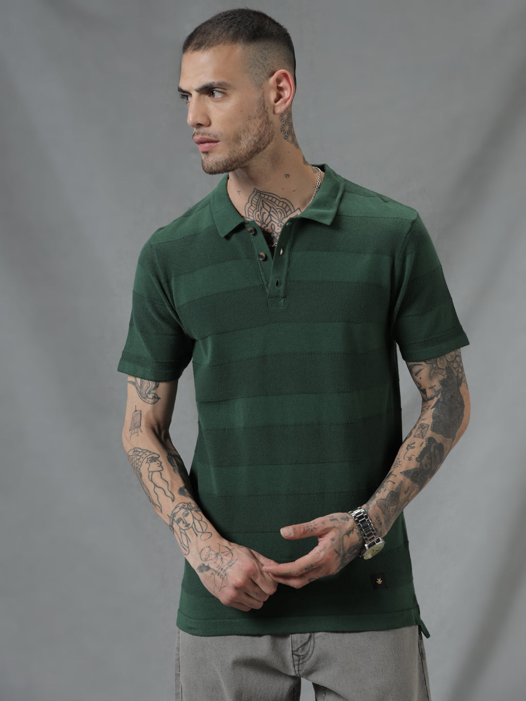 Striped Green Flat Knit Polo T-Shirt