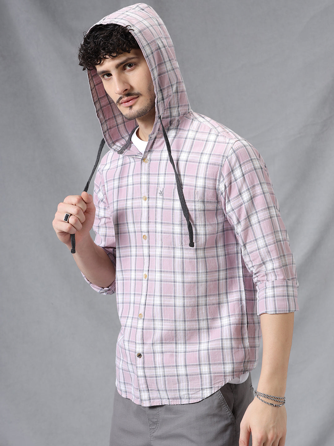Hooded Checks Long Sleeve Pink Shirt