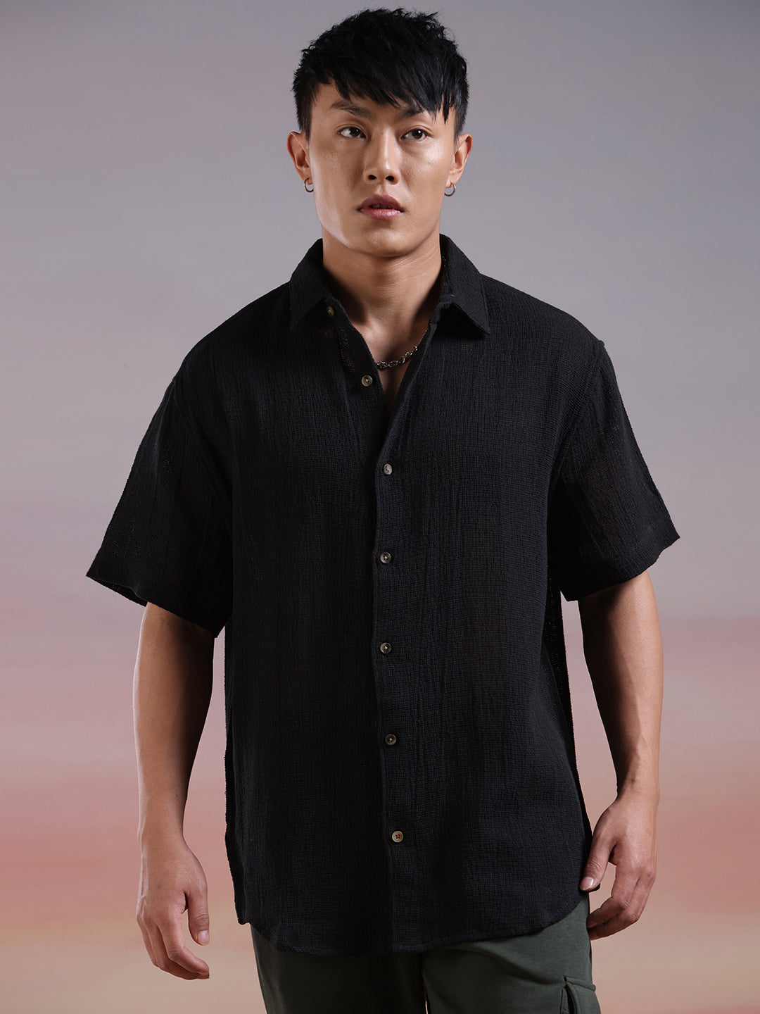 Textured Half Sleeve Black Shirt