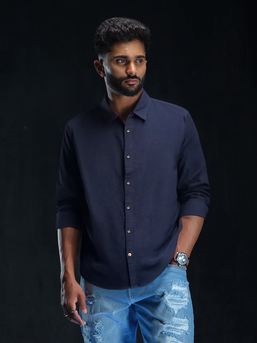 knee length dresses for ladies Solid Navy Cotton Linen Shirt – Wrogn