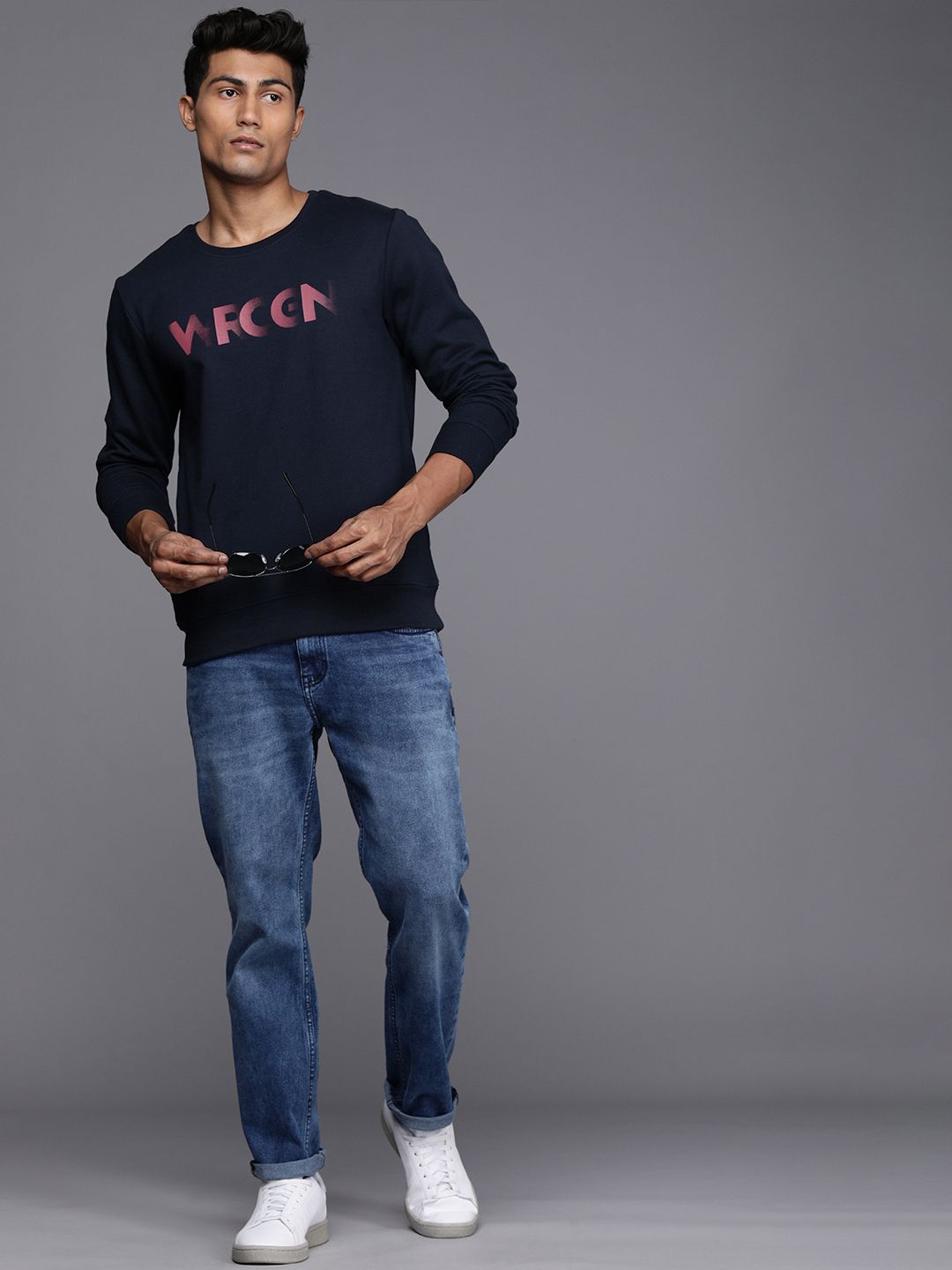 Navy Blue Wrogn Print Slim Fit Sweatshirt