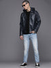 Navy Blue Hooded Leather Jacket