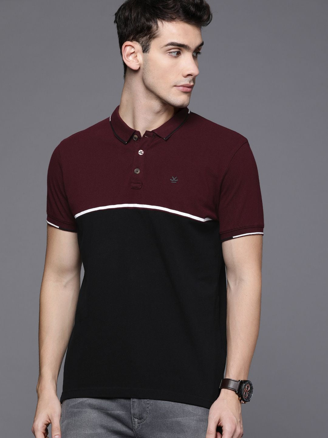 Black & Burgundy Colourblocked Polo T-Shirt