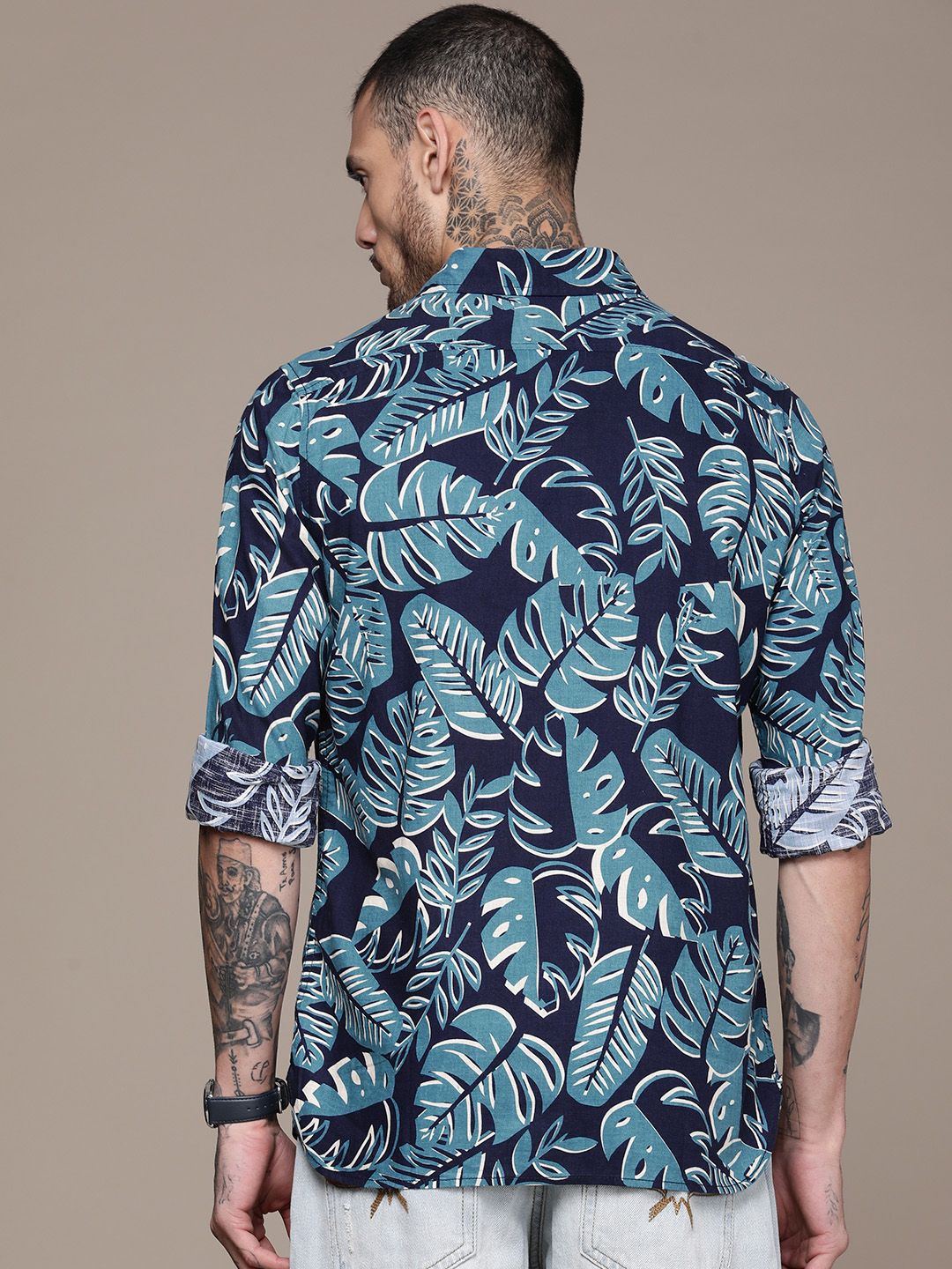 Navy Tropical Leaf Print Shirt