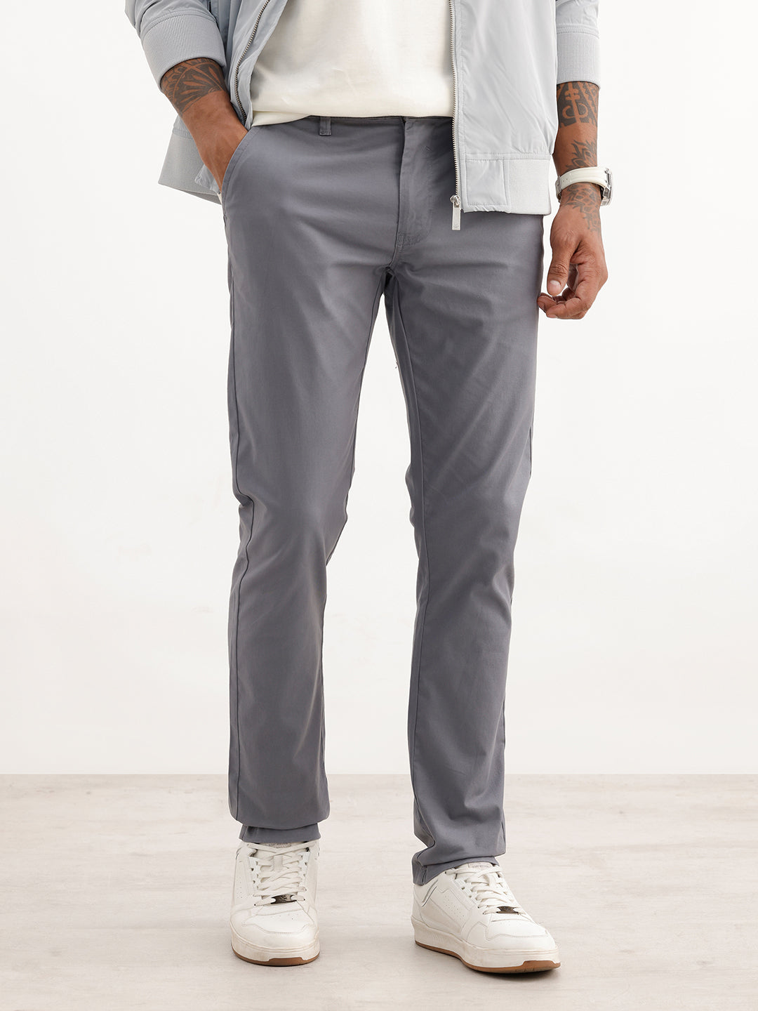Solid Slim Fit Cotton Blend Trouser | Grey