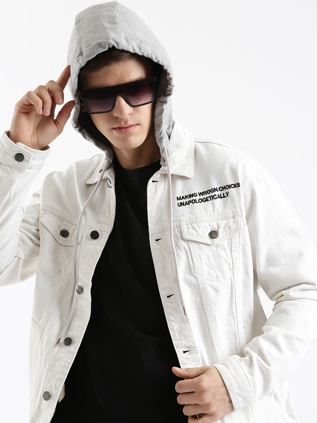 Hooded Solid White Denim Jacket